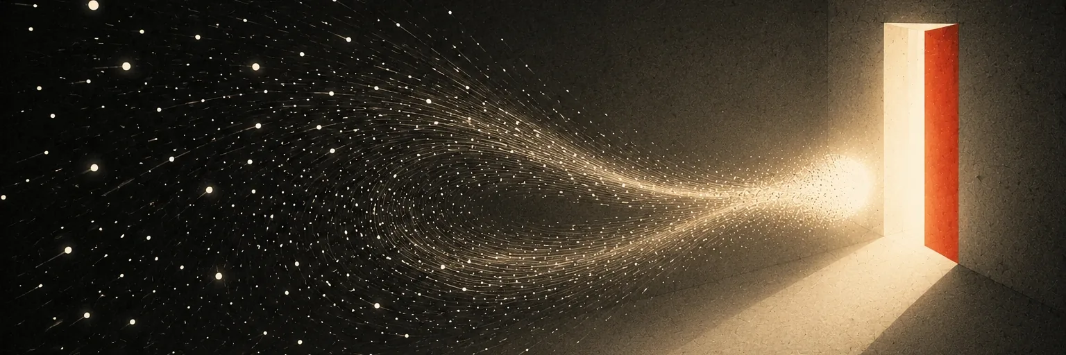 A dark room with one door standing open; a stream of fine glowing particles curves out of the darkness and funnels through the lit gap.